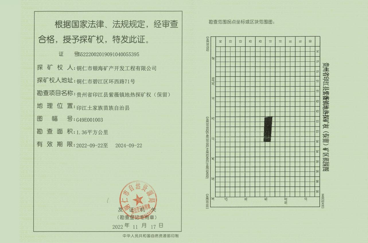 銅仁城交集團銀海礦產(chǎn)公司獲得印江縣紫薇鎮地熱探礦權（保留）證書(shū)
